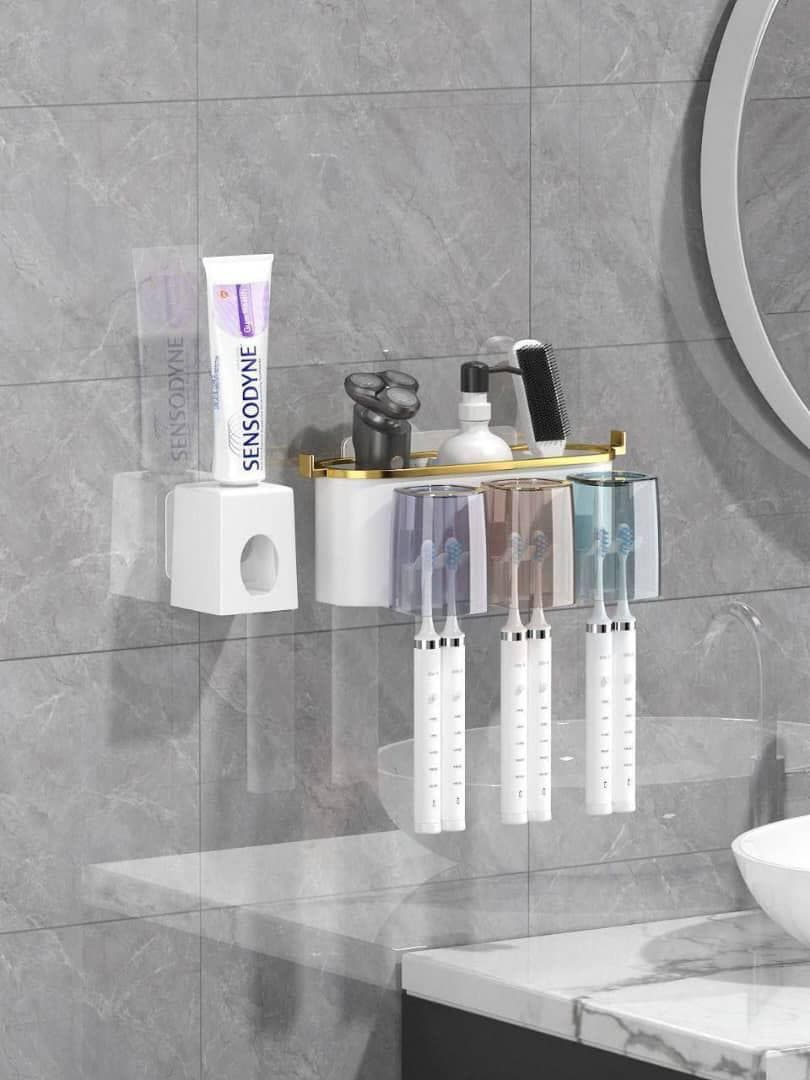 Mounted Toothbrush & Toothpaste dispenser Rack with 2 sets of Cups