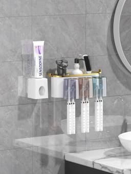 Mounted Toothbrush & Toothpaste dispenser Rack with 2 sets of Cups